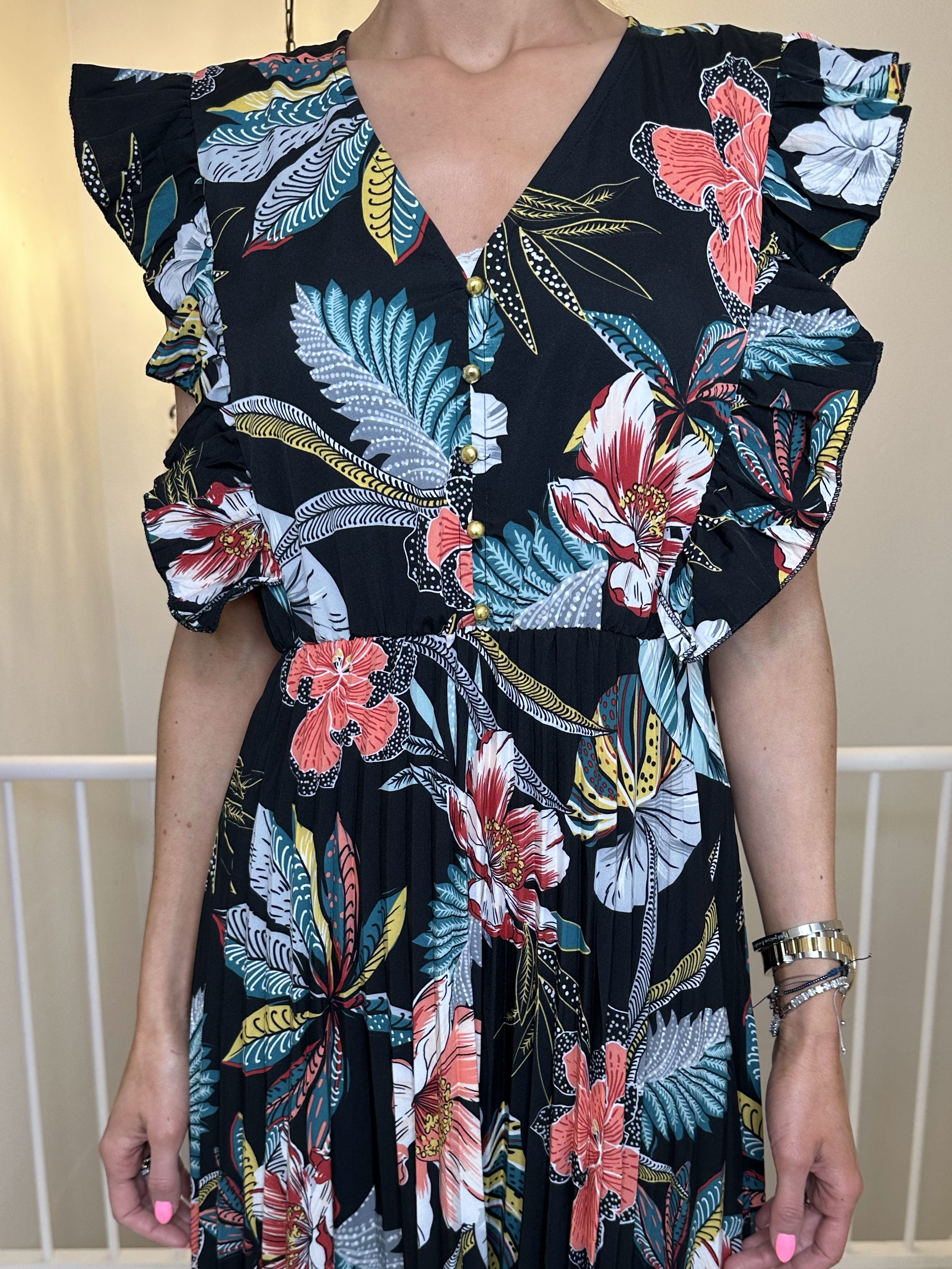 Lullu Flower - Lång klänning med volanger och veckad kjol